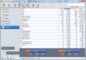 Přehled CPU profilů a heap snapshotů - porovnání dvou heap snapshotů