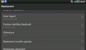 Vybrané možnosti nastavení – například volba user agenta, orientace na displeji.