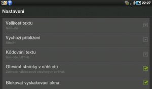 Vybrané možnosti nastavení – například velikost textu, blokování vyskakovacích oken.