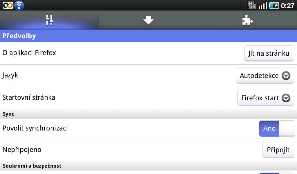 Některé možnosti nastavení, které prohlížeč Firefox for Android nabízí.
