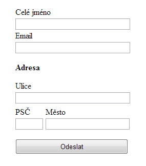 Výsledná podoba formuláře pro vložení jména, emailu a adresy.